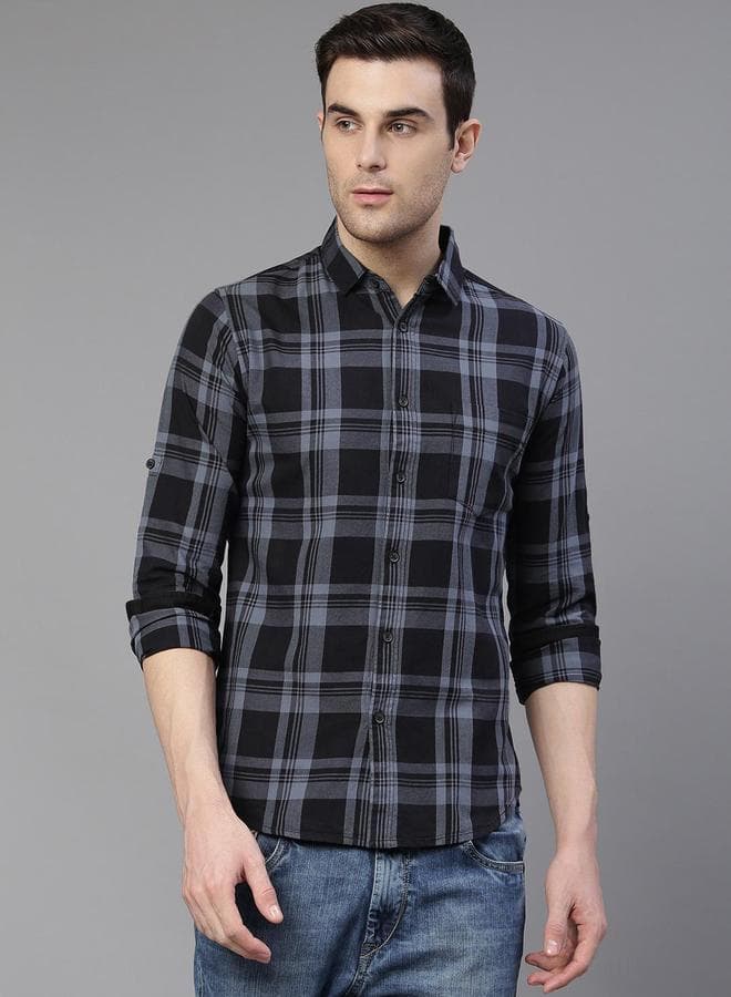 Slim Fit Grey Cotton Shirt Spread Collar Full Sleeves - Image 1
