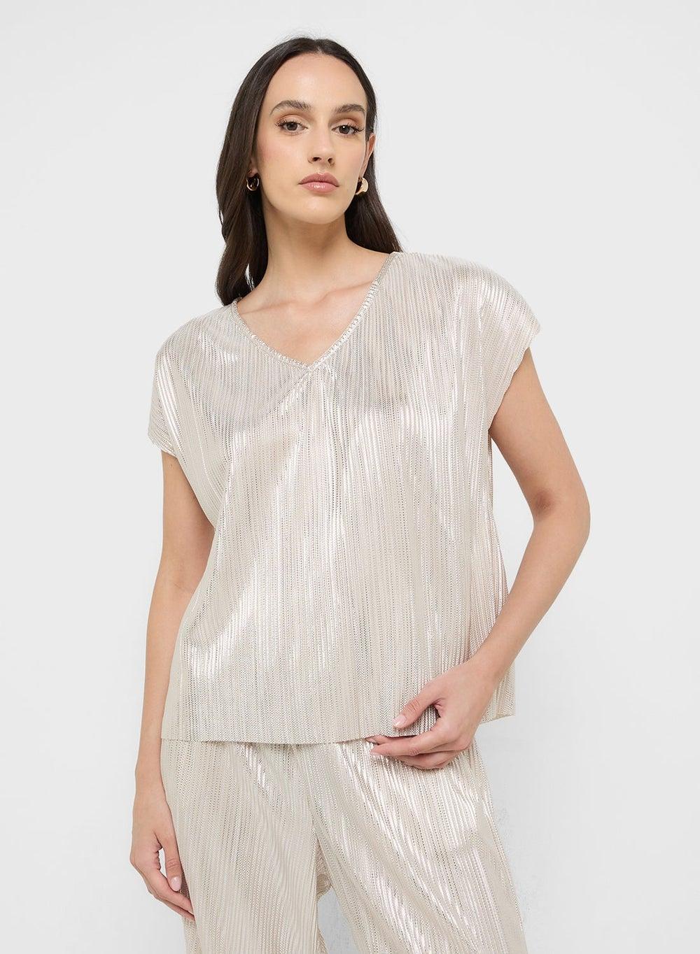 Plissé Detail Boxy V-Neck Top 10329779 - Image 1