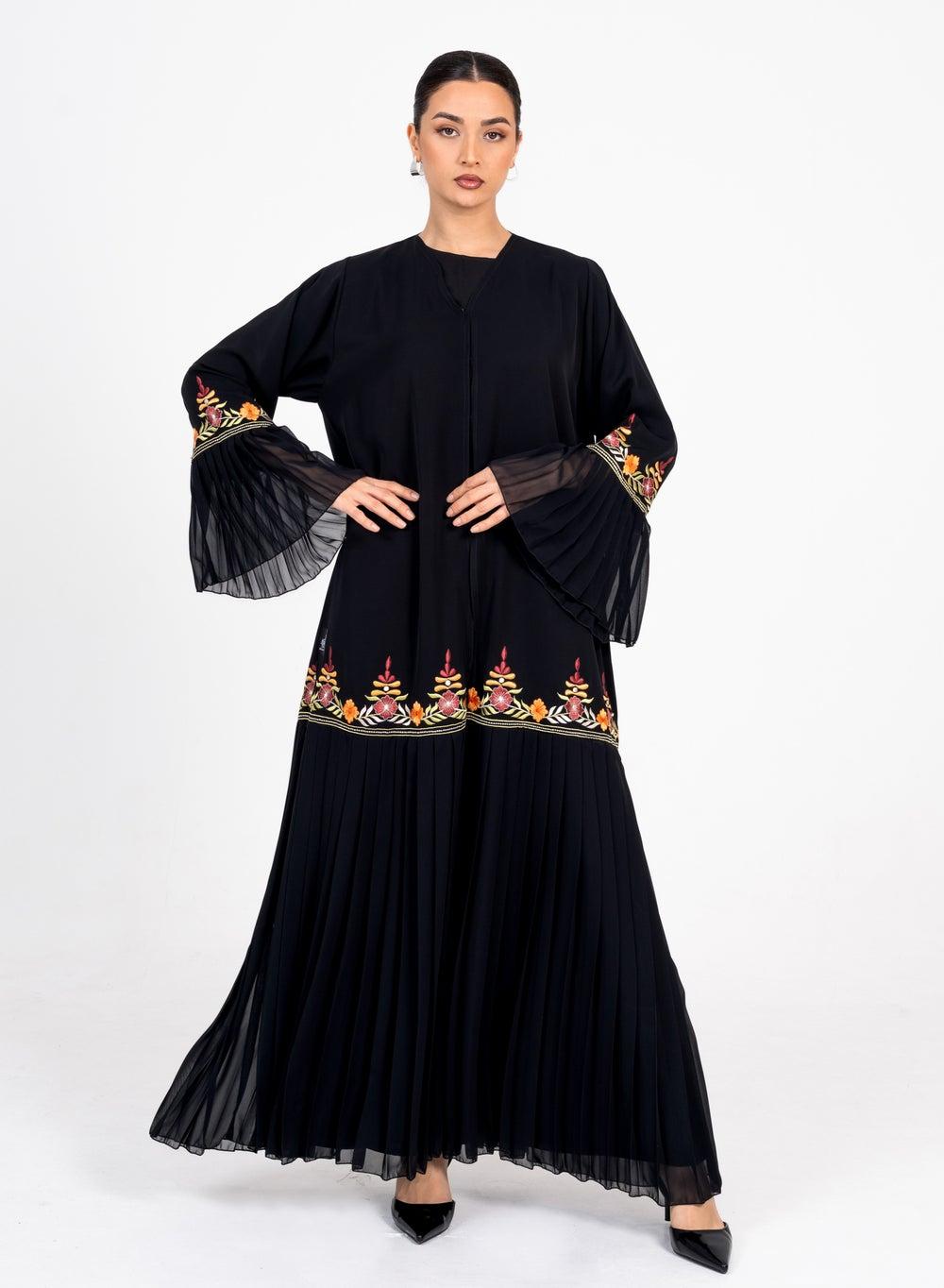 Black R 202521 Embroidered Pleated Chiffon Abaya - Image 1