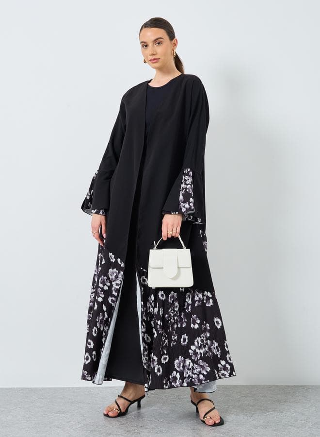 Black Floral Print Open Front Abaya - Image 1