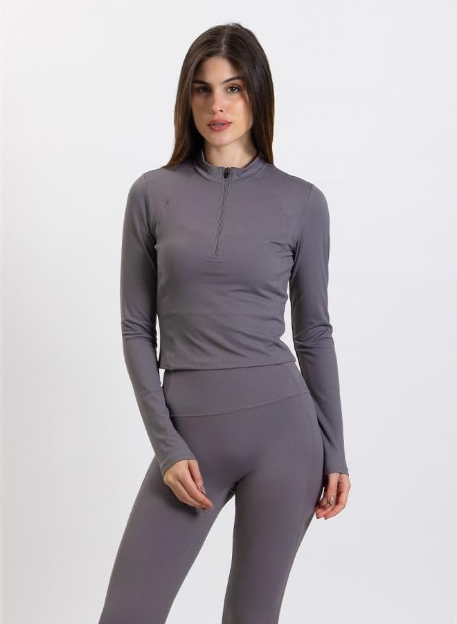 Soft Sculpt Zip-Up Crop Top in Dark Grey - Image 1