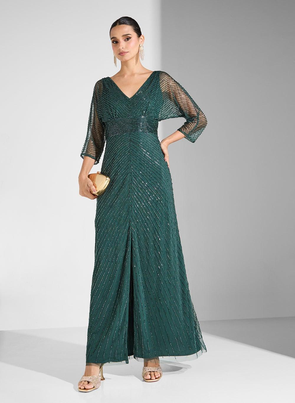 Emerald Beaded Maxi Gown Style42 V-Neck Elegance - Image 1