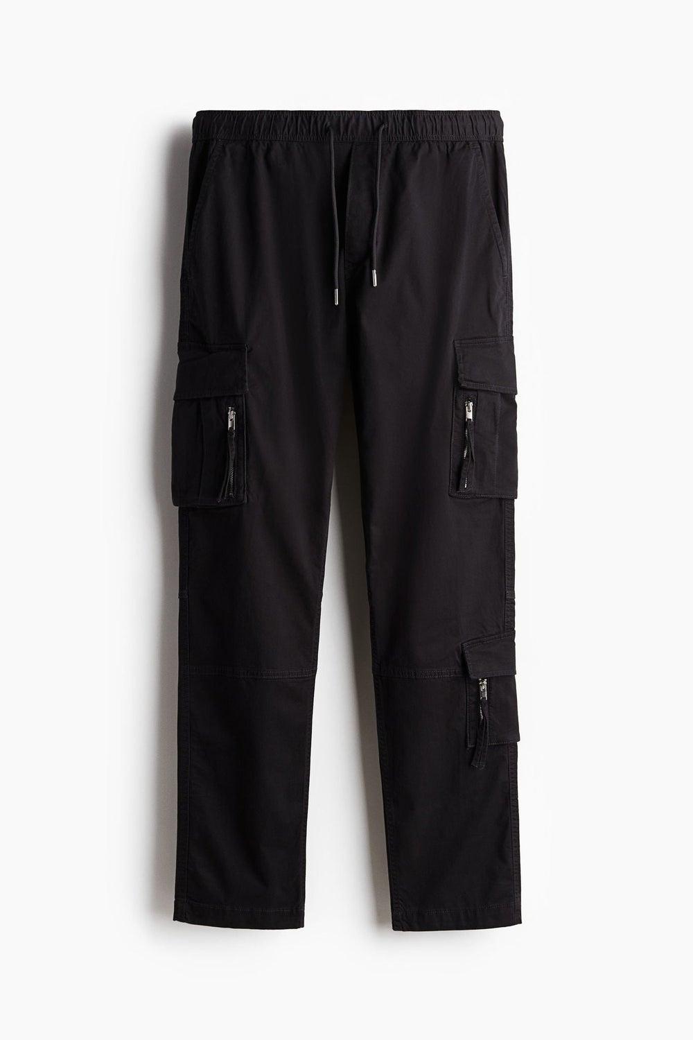Slim Fit Cotton Cargo Trousers Black Mid-Rise - Image 1