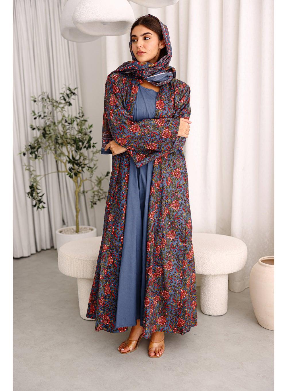 Blue Floral Asymmetric Abaya with Orange Print - Image 1