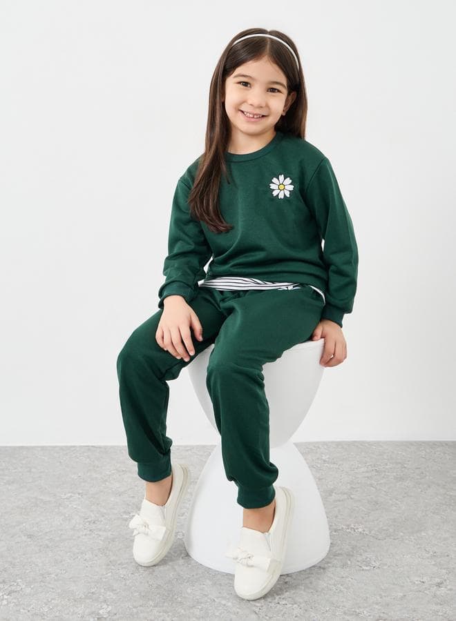 Styli Girls Daisy Print Sweatshirt Jogger Beanie Set - Image 1