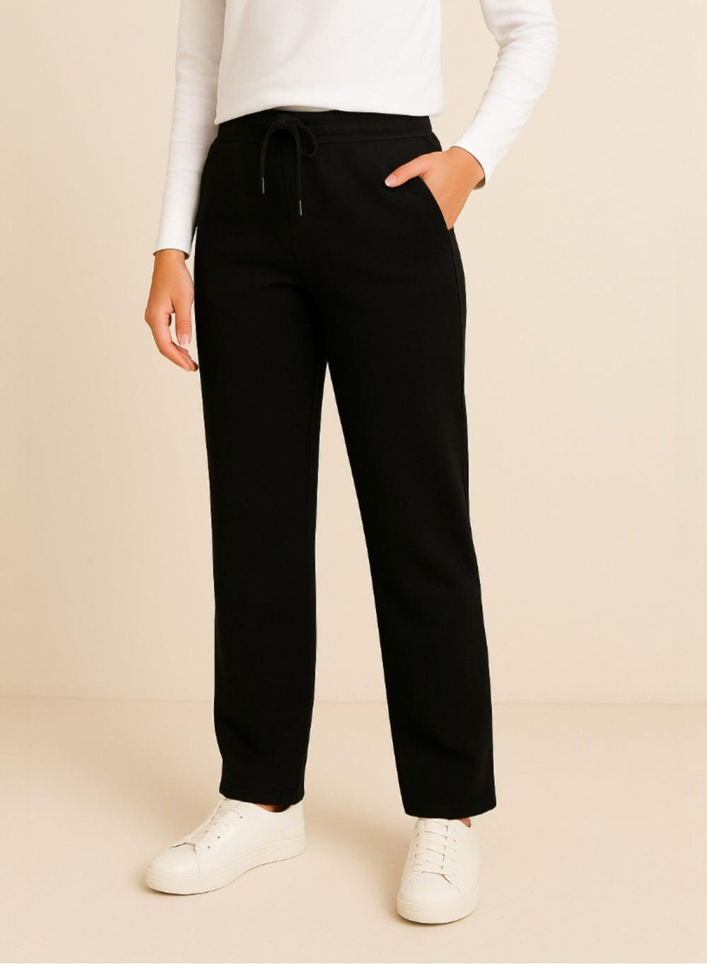 Black Straight-Leg Cotton Interlock Drawstring Joggers - Image 1