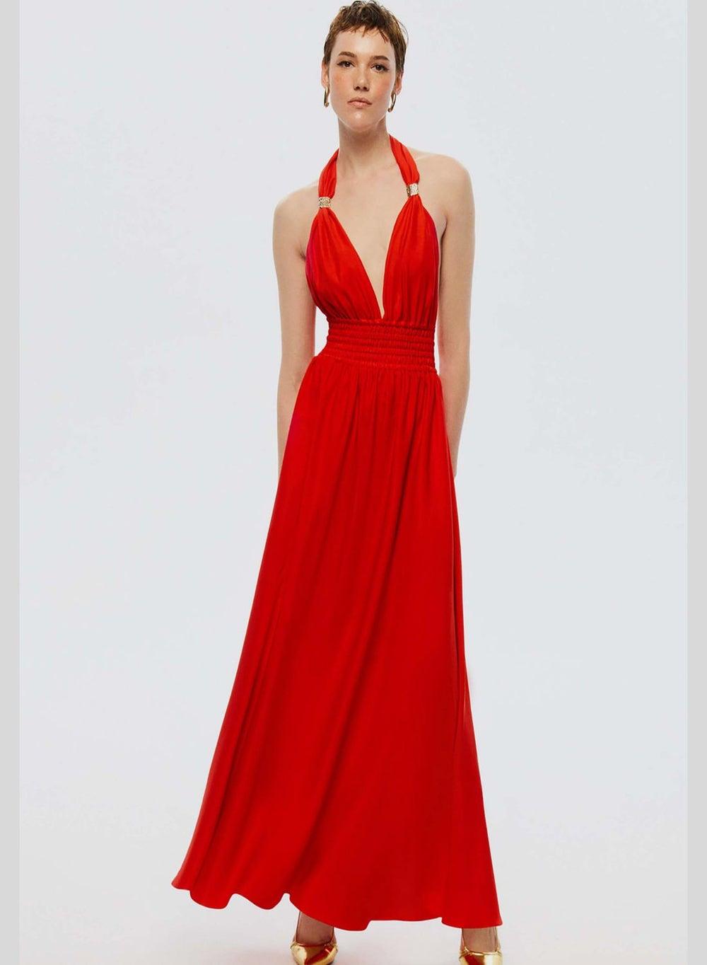 Bright Red Halter Neck A-Line Maxi Dress - Image 1
