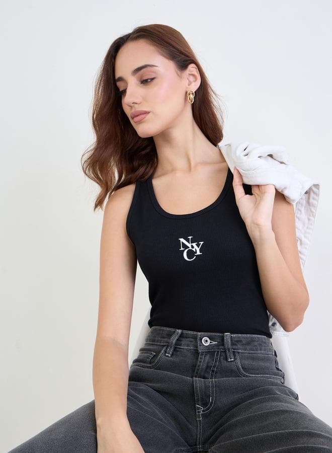 Styli Black Embroidered Ribbed Tank & Jogger Set - Image 1