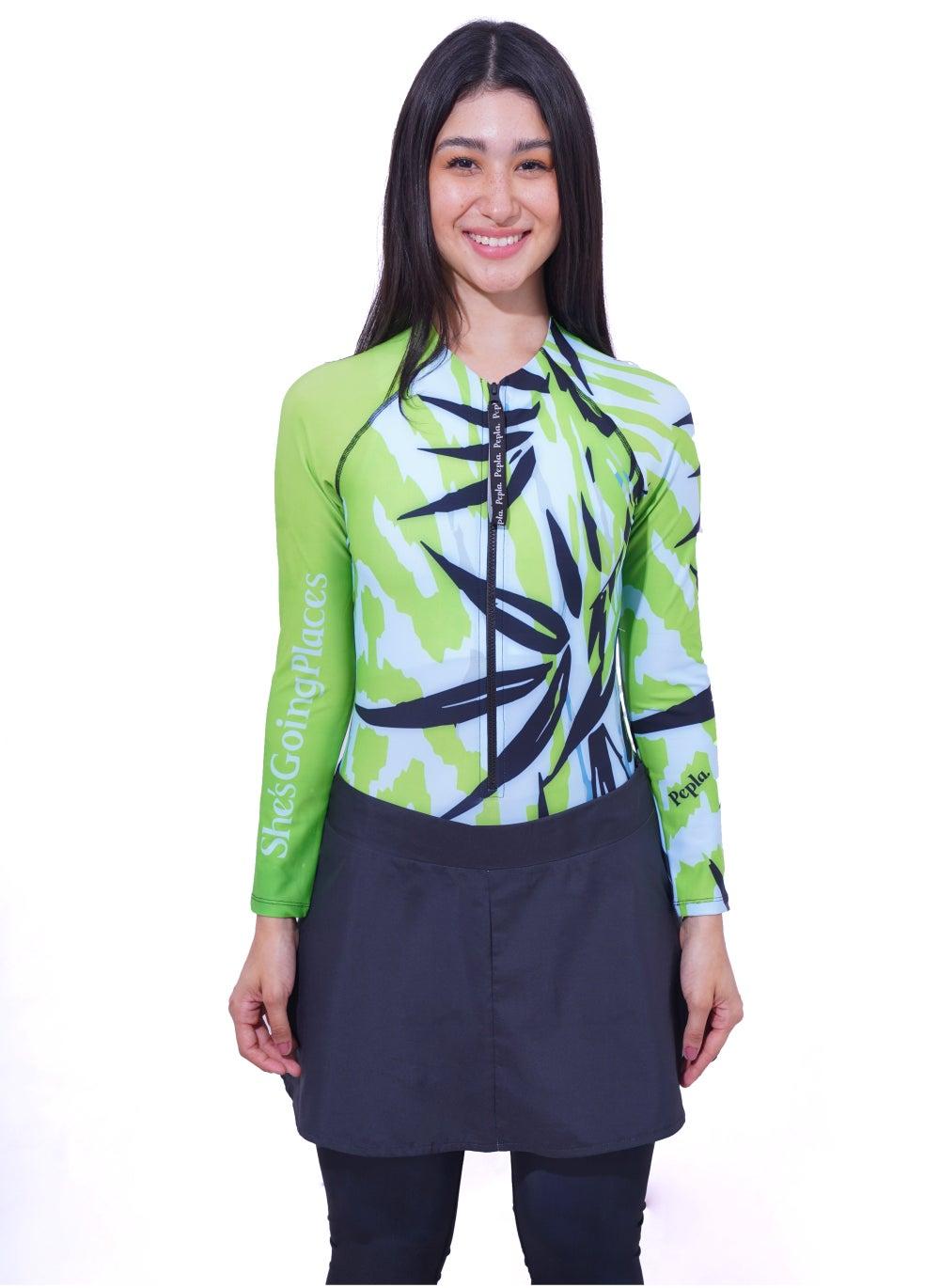 Greens Printed Rashguard Swim Top V-Neck Zip - Image 1