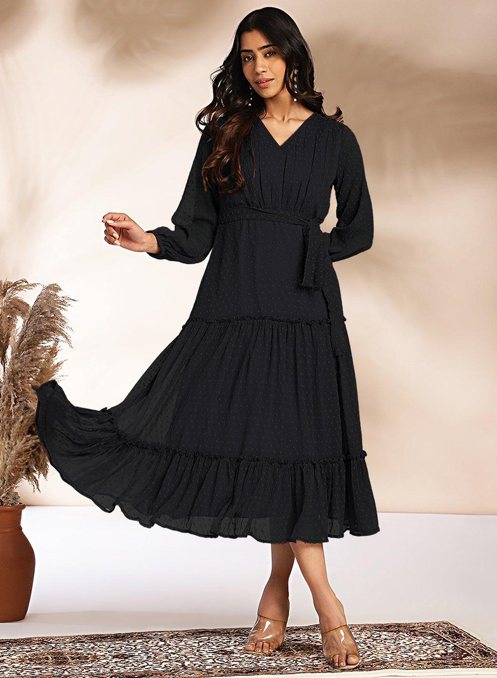 Black Tiered Swiss Dot Midi Dress with Tie Waist - Image 1