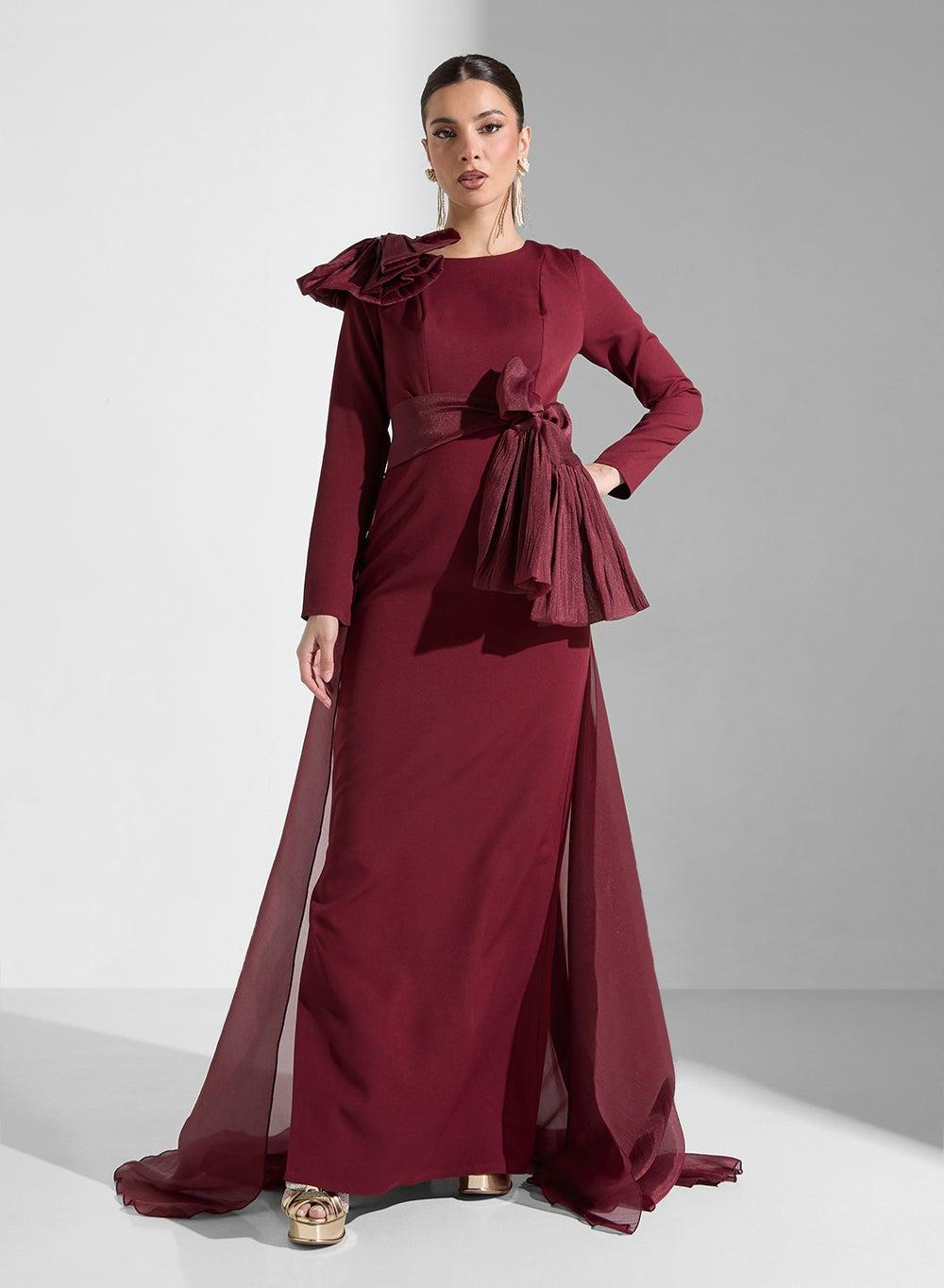 Burgundy Chiffon Overlay Maxi Dress SJ24 09 14 - Image 1