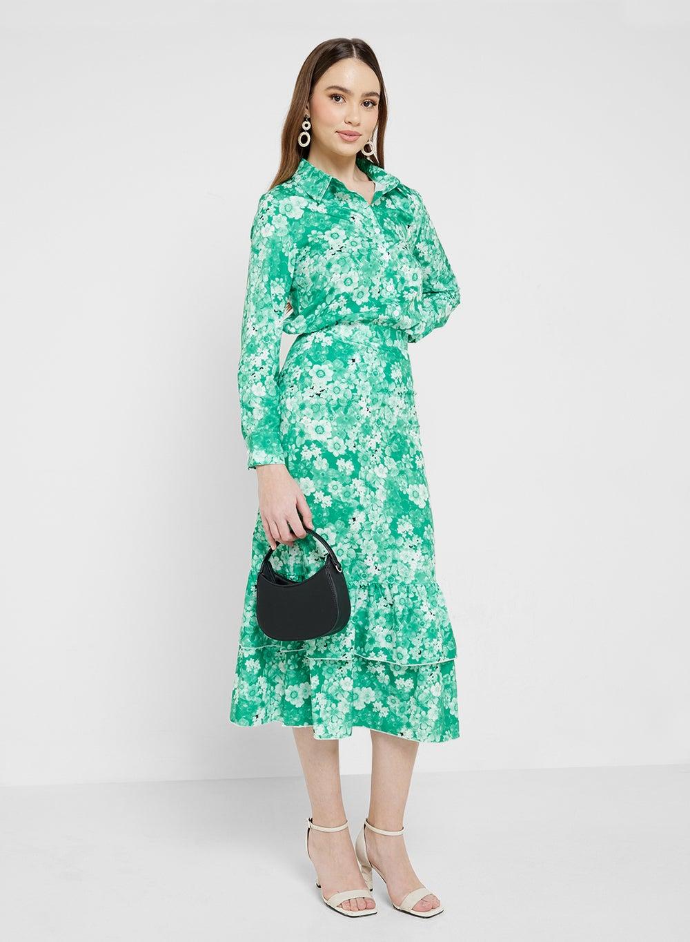 Green Printed Shirt & Skirt Co-Ord Set 24090326 - Image 1