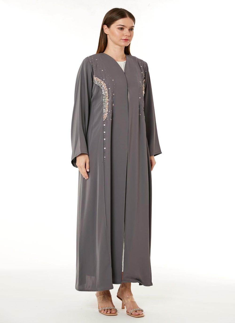 Grey Korean Nida Beaded Designer Abaya - Image 1