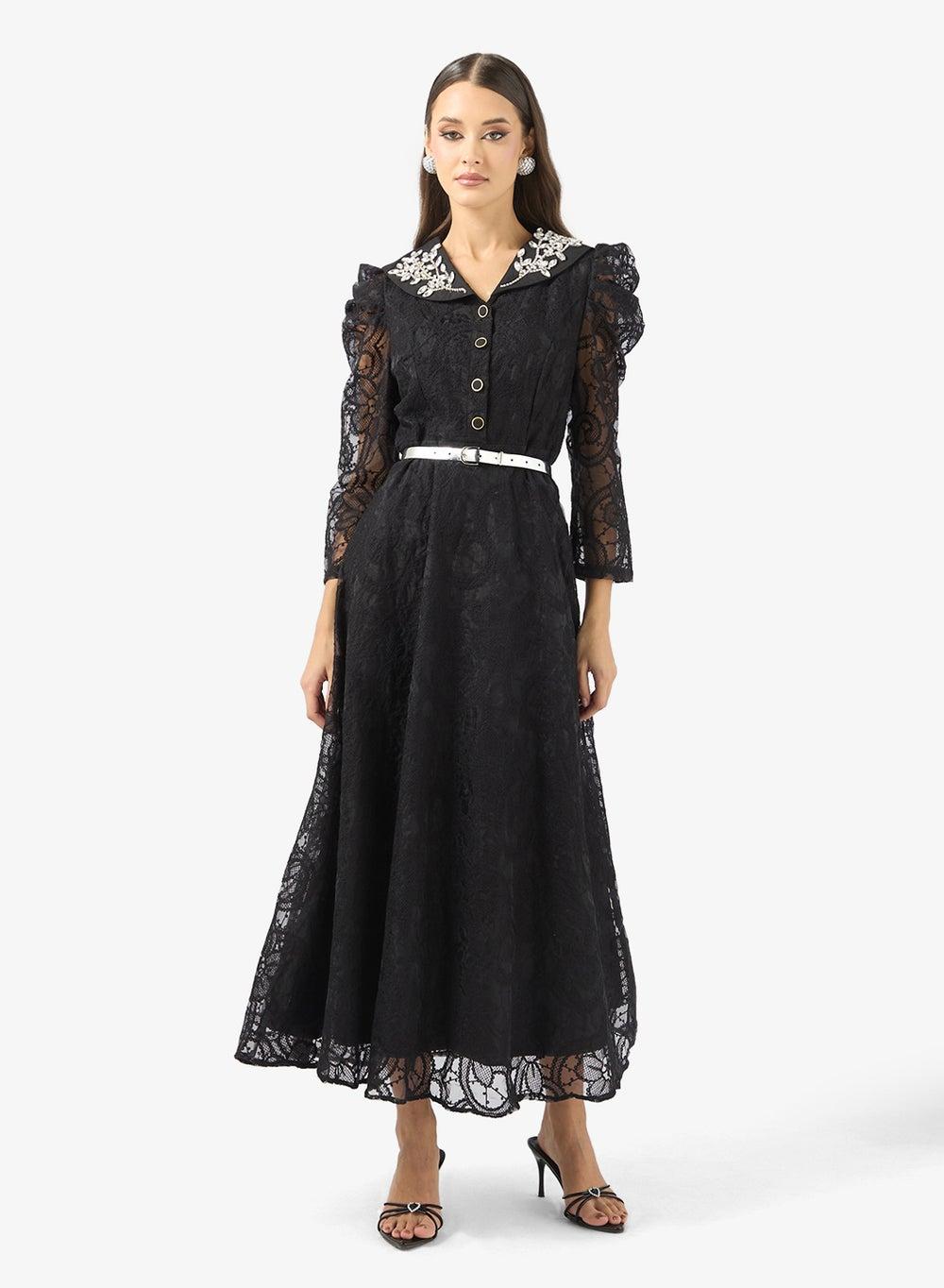 Vt8886 Black Lace A-Line Maxi Dress - Image 1