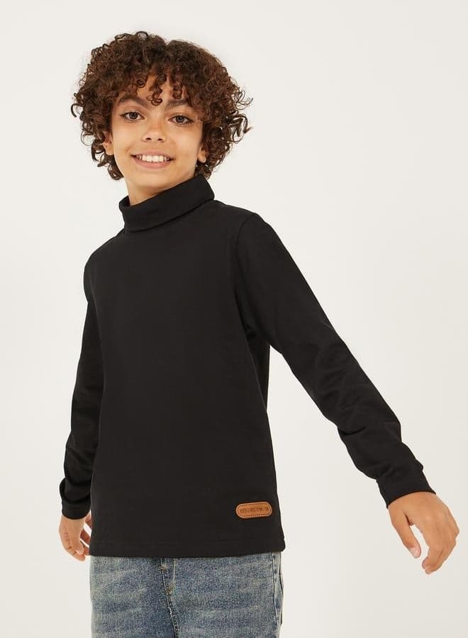 Boys Solid High-Neck T-Shirt with Patch Detail - Image 1