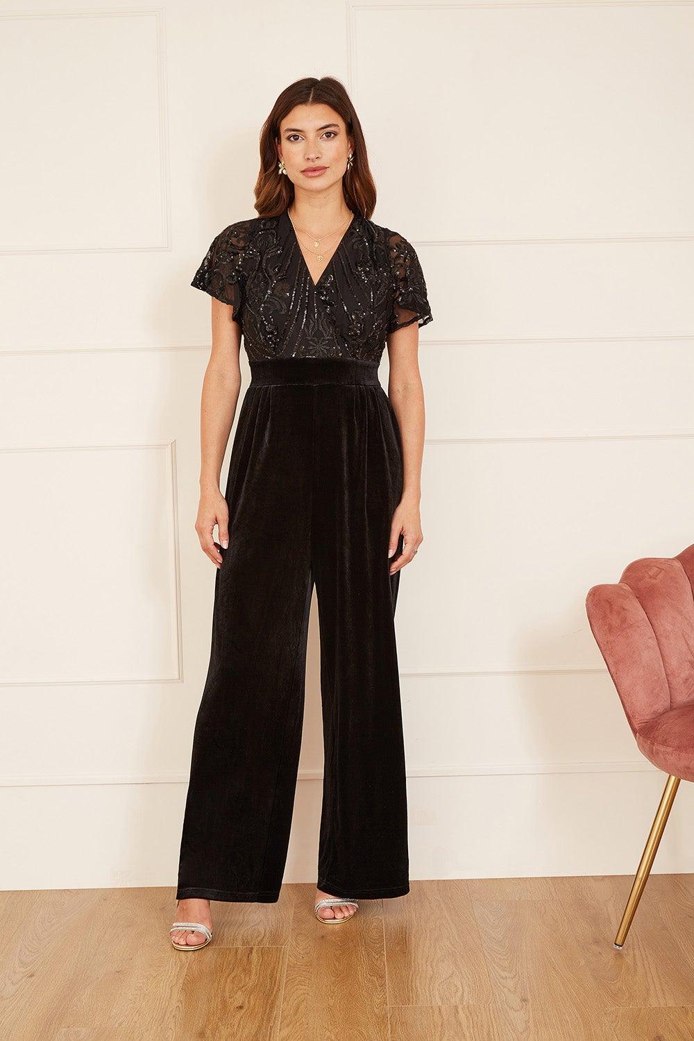 Black Velvet Sequin Angel Sleeve Jumpsuit - Image 1
