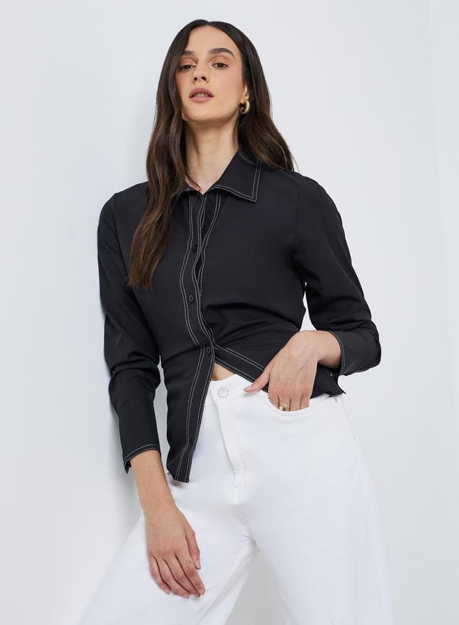 Black Contrast Stitch Regular Fit Collared Shirt - Image 1