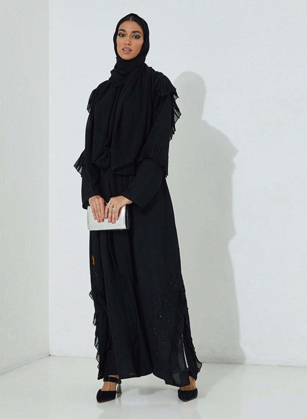 Black Open-Side Embroidered Abaya with Chiffon Sleeves - Image 1