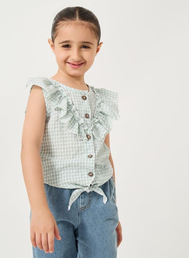 Green Checked Ruffled Buttoned Blouse - Image 1