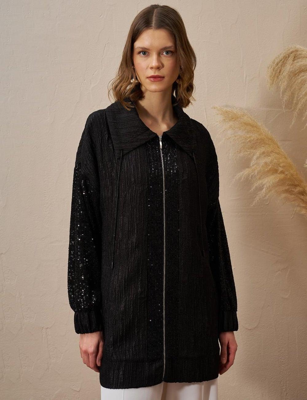 Black Sequin-Trim Jacquard Jacket with Wide Collar - Image 1