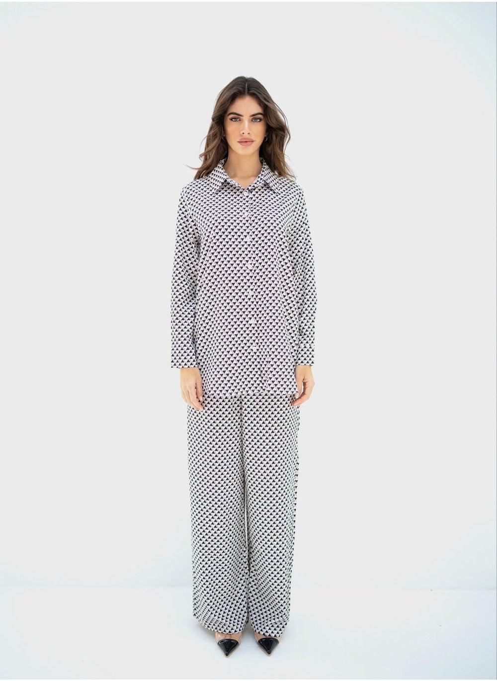 Geometric Button-Down Shirt & High Waist Pants Set - Image 1