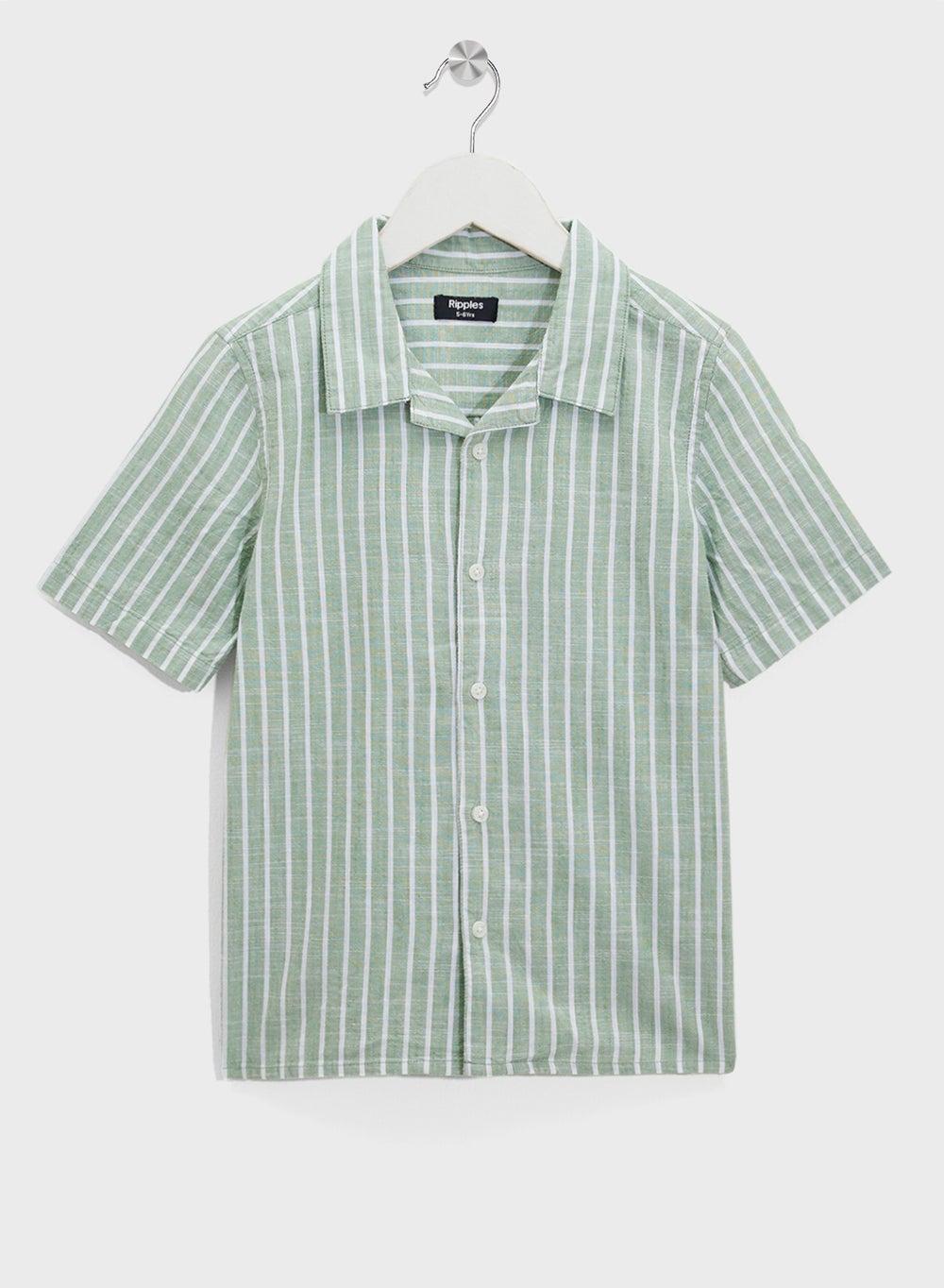 Boys Resort Collar Cotton Shirt Green White Stripes - Image 1