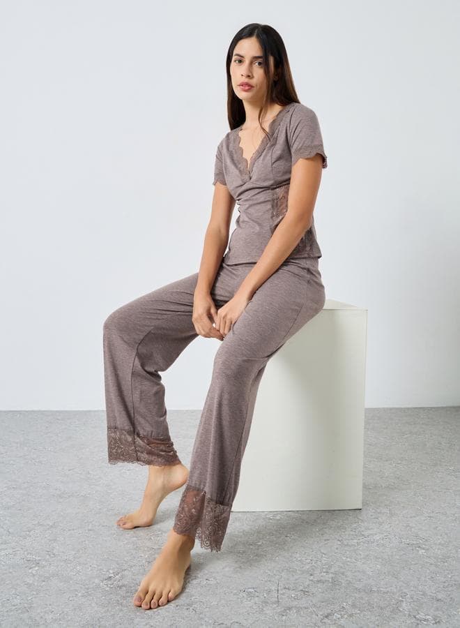 Styli Pink Lace Trim V-Neck Pyjama Set - Image 1