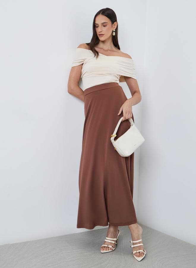 Styli Solid Knit A-Line Maxi Skirt Brown High Rise - Image 1