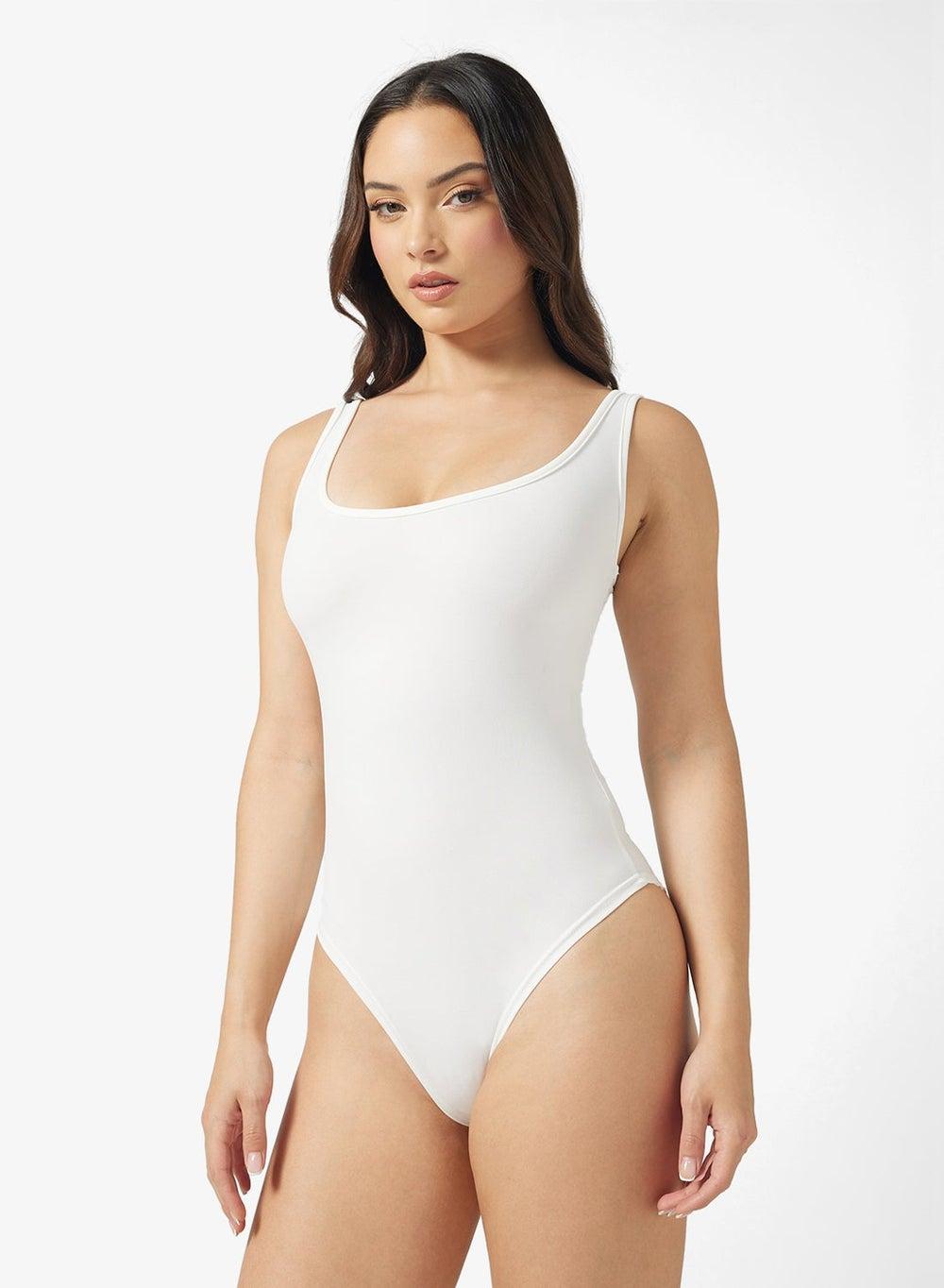 Cream Sleeveless Square Neck Polyamide Bodysuit Gb2509 - Image 1