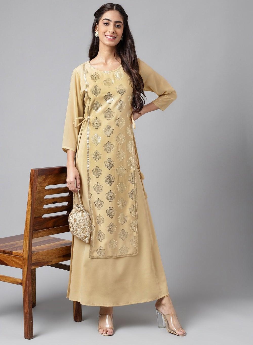 Beige Metallic Floral A-Line Kurta Set - Image 1