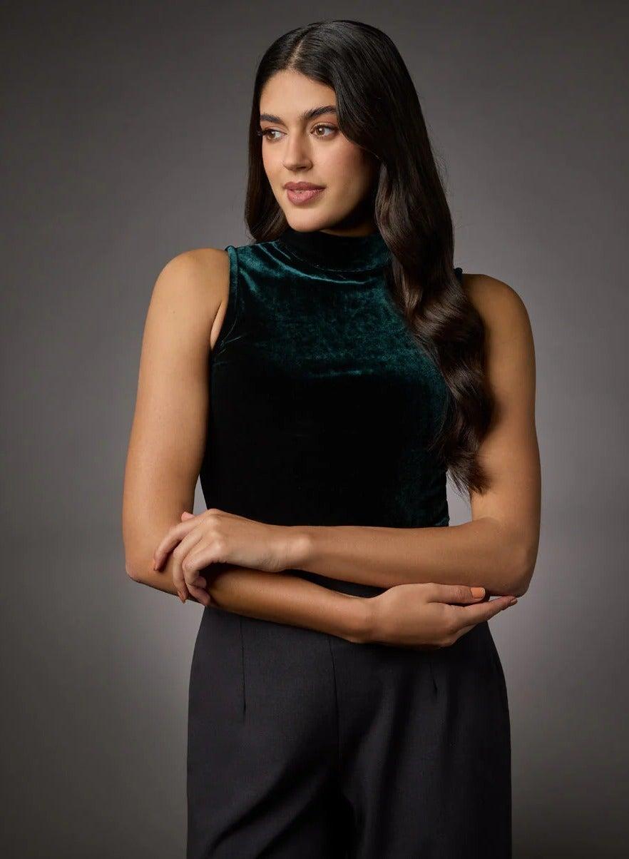 Dark Green Velvet High Neck Sleeveless Top - Image 1