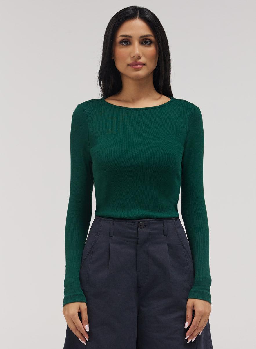Dark Green Ribbed Long Sleeve Slim Fit Top - Image 1