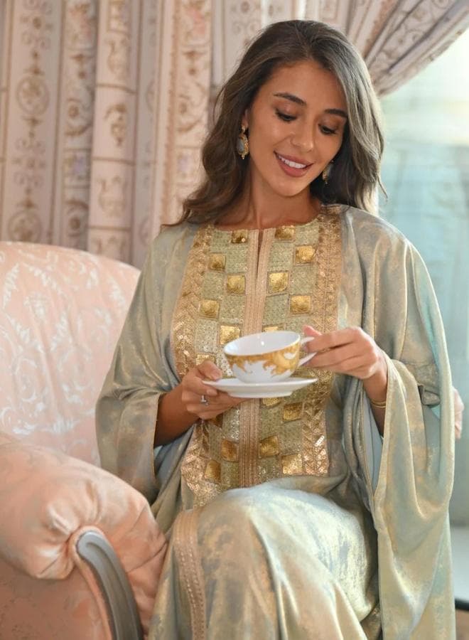 Yara Light Blue Embroidered Silk Kaftan - Image 1