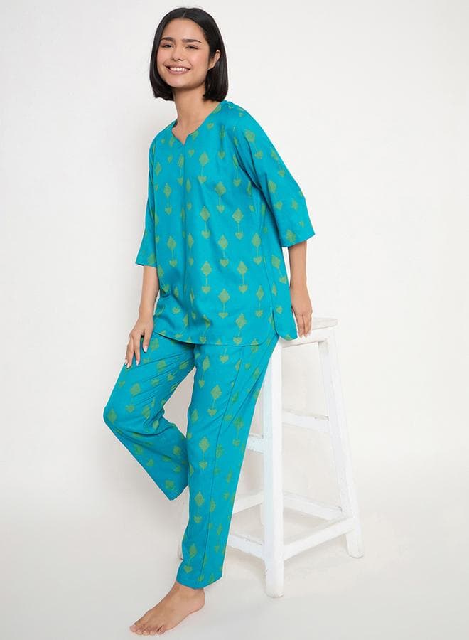 Blue Printed Notch Neck Pyjama Set - Image 1