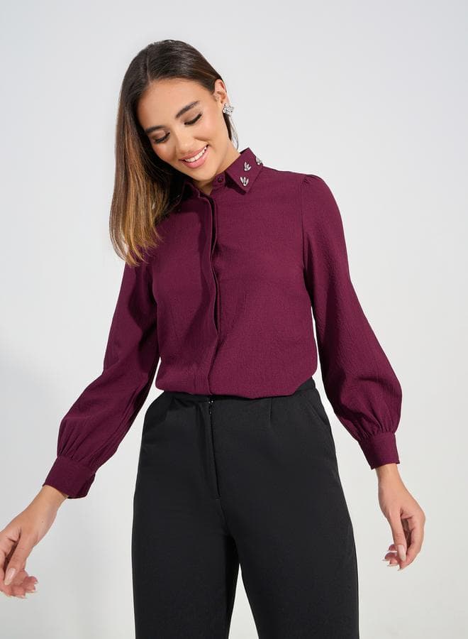 Burgundy Embellished Collar Crepe Button-Down Shirt - Image 1