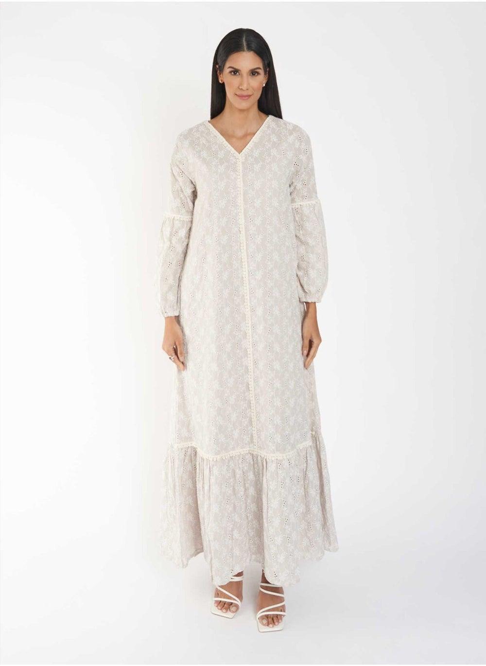 Chifley Tiered Cut Jalabiya Dress in Light Beige - Image 1