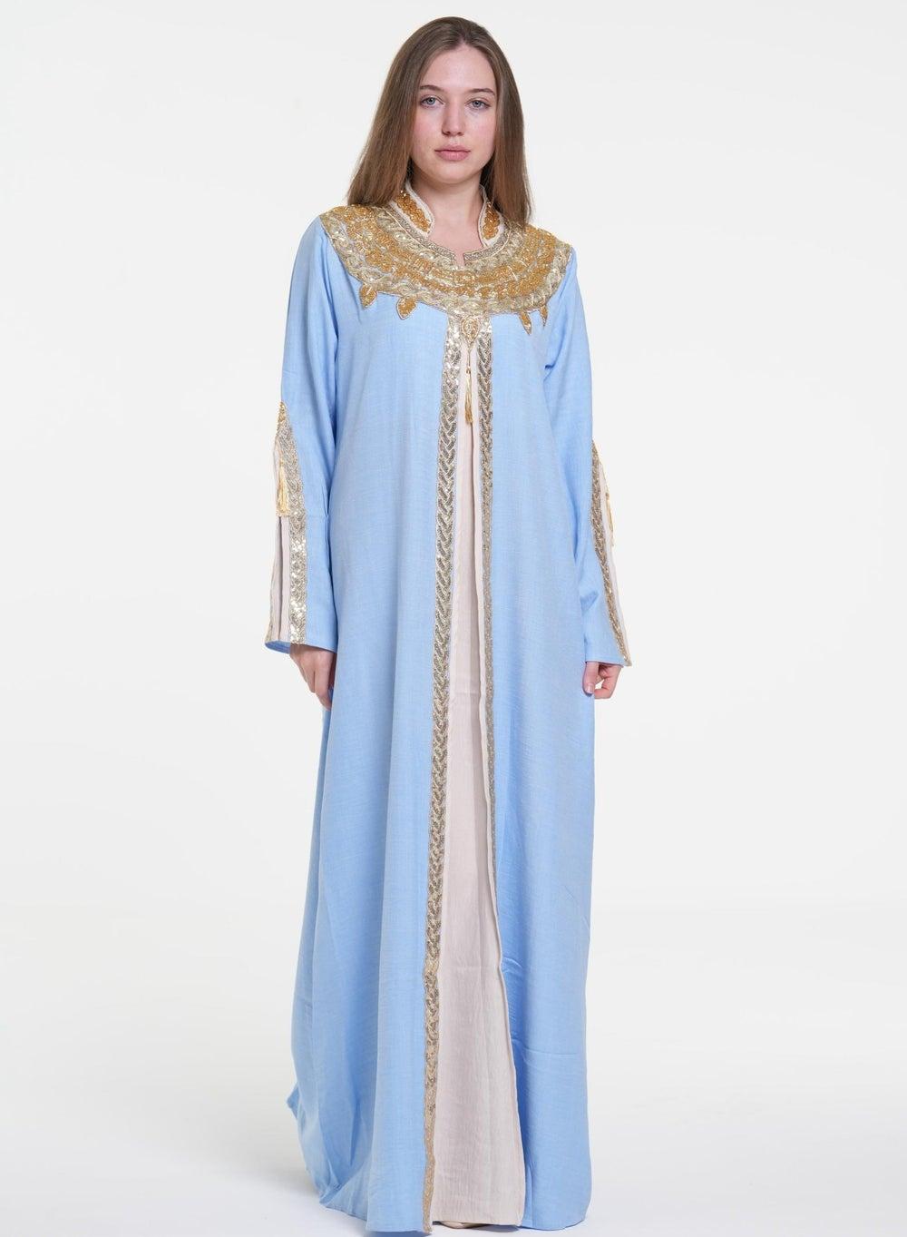 Blue Linen Jalabiya – Syrian Traditional Long Sleeve Dress - Image 1