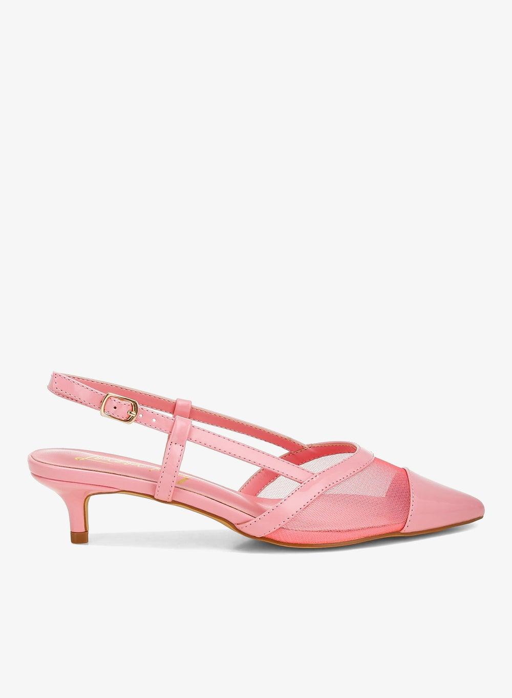 Sh4846 Pink Mesh Slingback Kitten Heel Sandals - Image 1