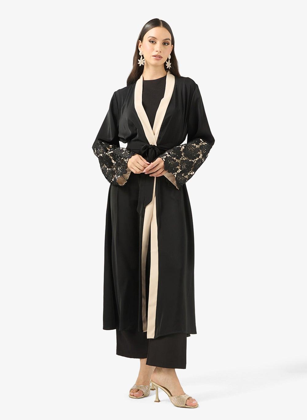 Black Lace Sleeve Abaya Vt1502 - Image 1