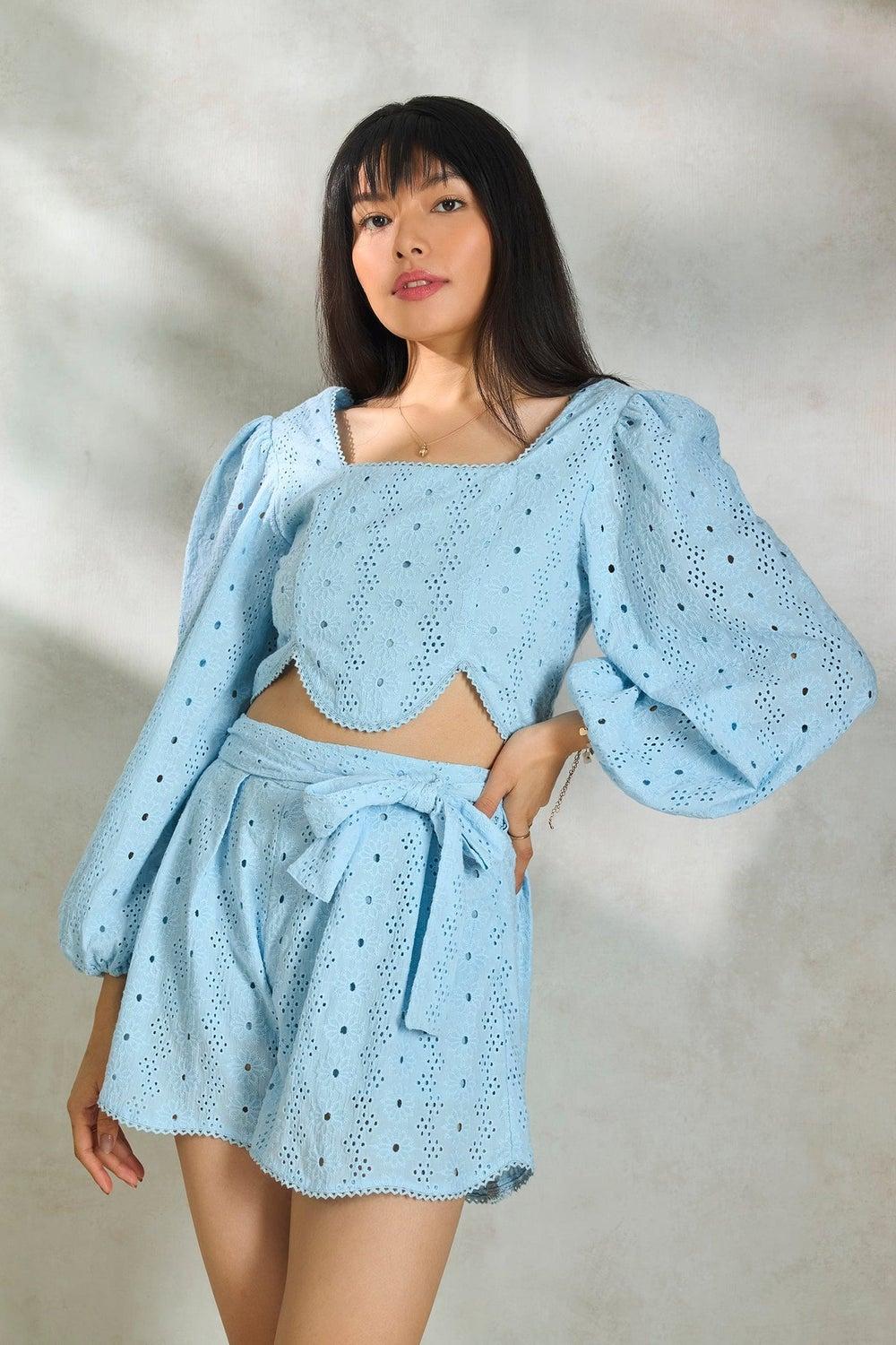 Light Blue Cotton Schiffli Crop Top with Scallop Detail - Image 1