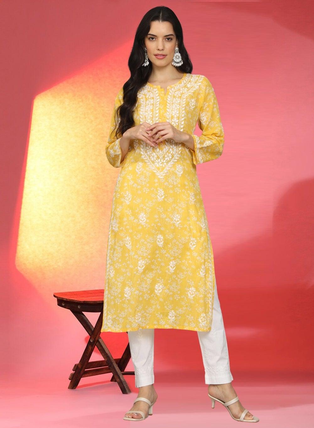 Chikankari Mulmul Cotton Kurta AL4041 Yellow Elegance - Image 1