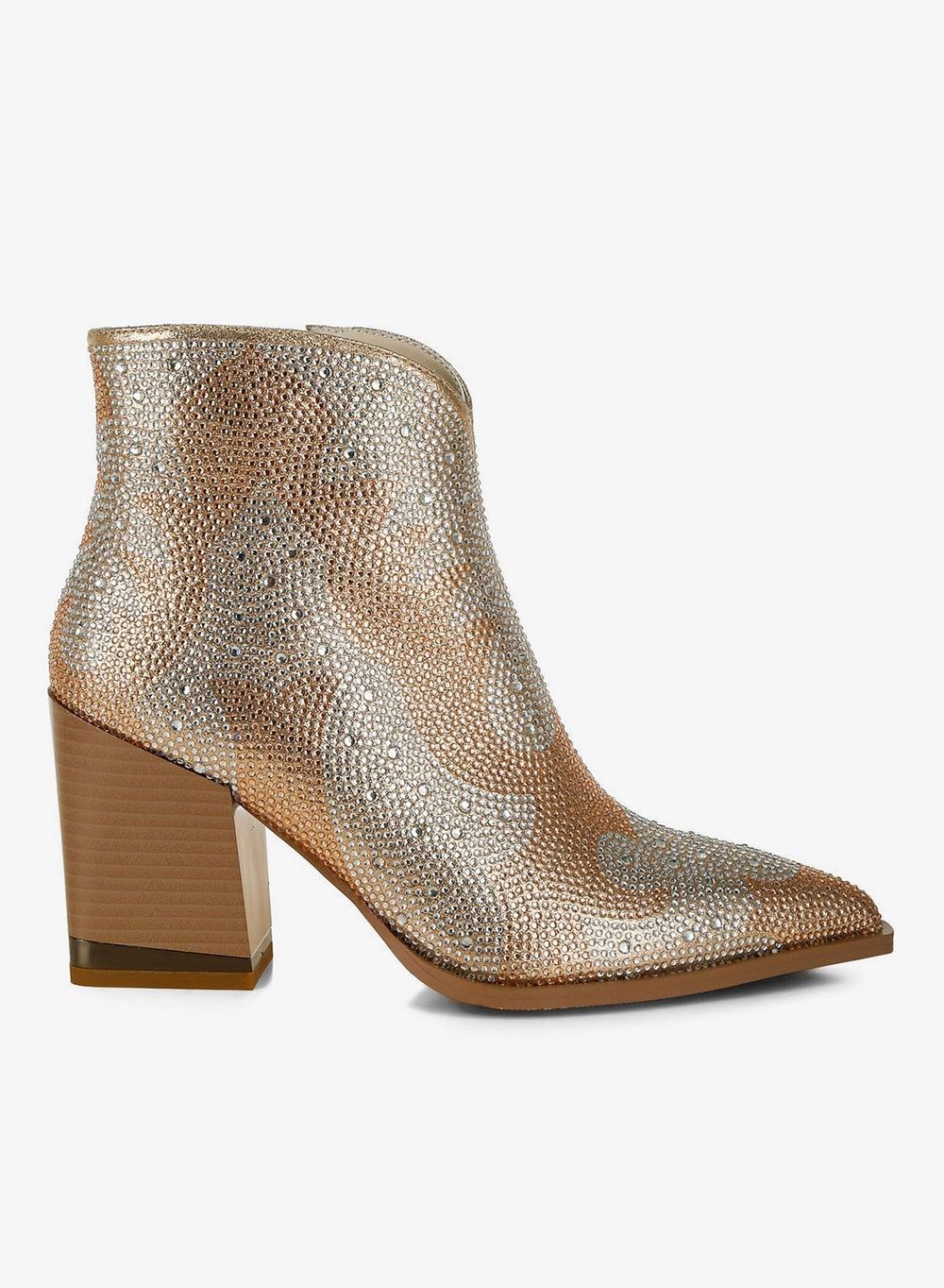 Sh5234 Gold Rhinestone High Heel Ankle Boots - Image 1