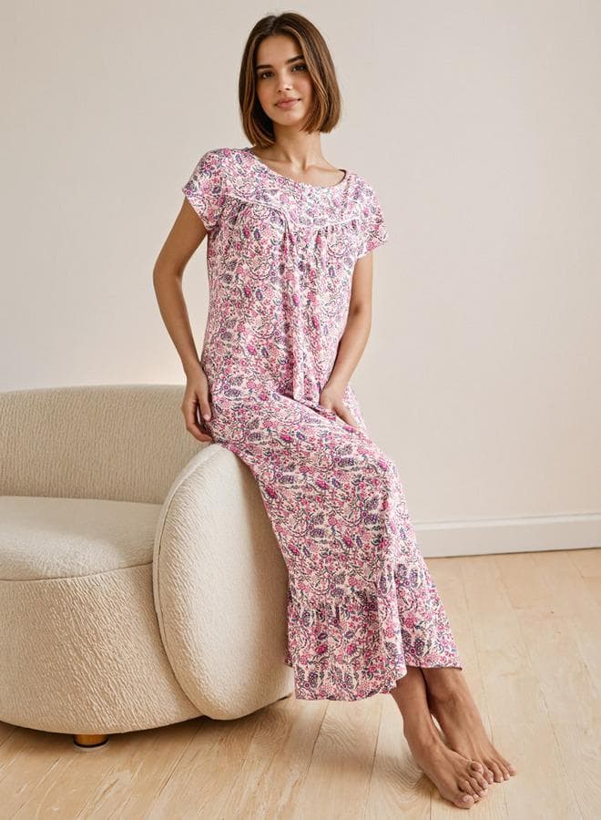 Floral Print Viscose Night Gown in White - Image 1