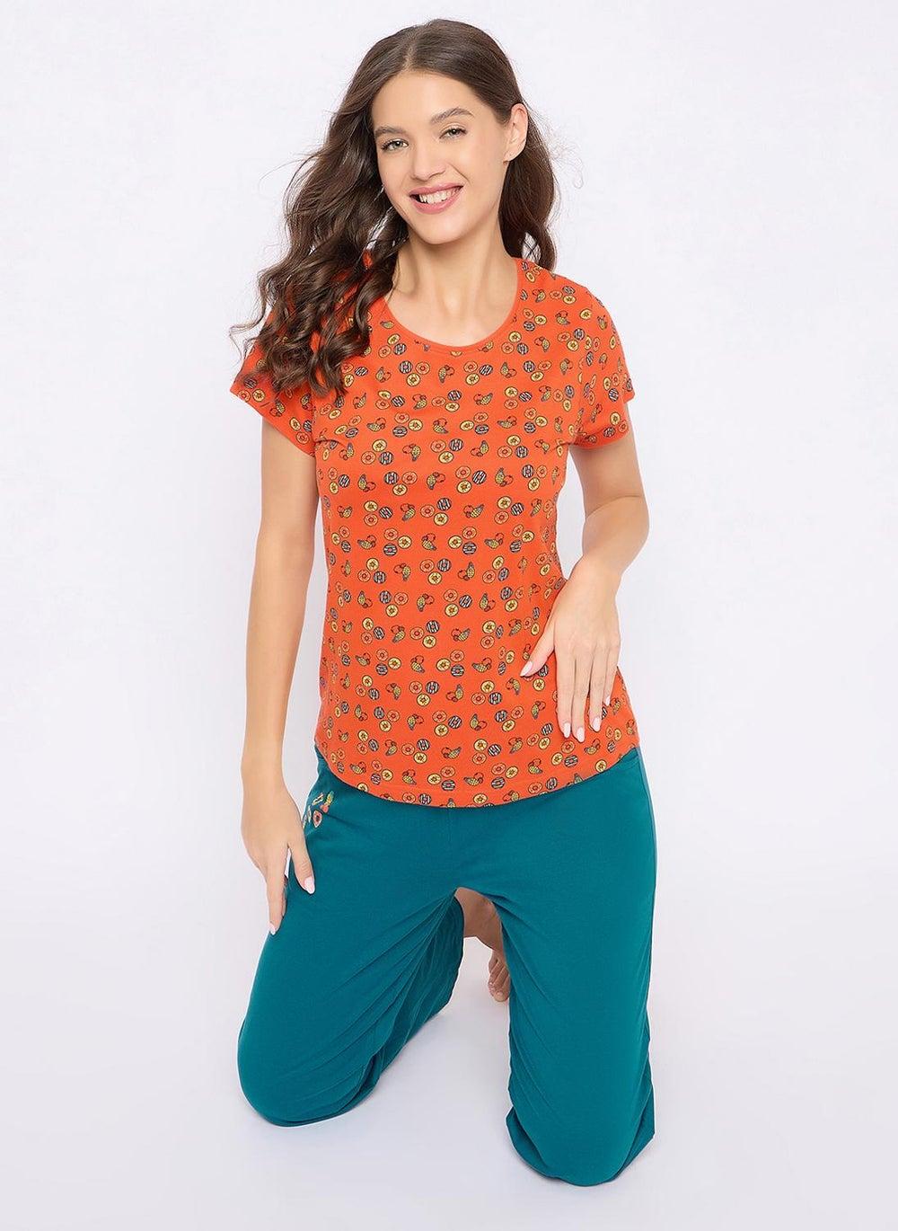 Clovia Orange Doughnut Print Cotton Top & Pyjama Set - Image 1