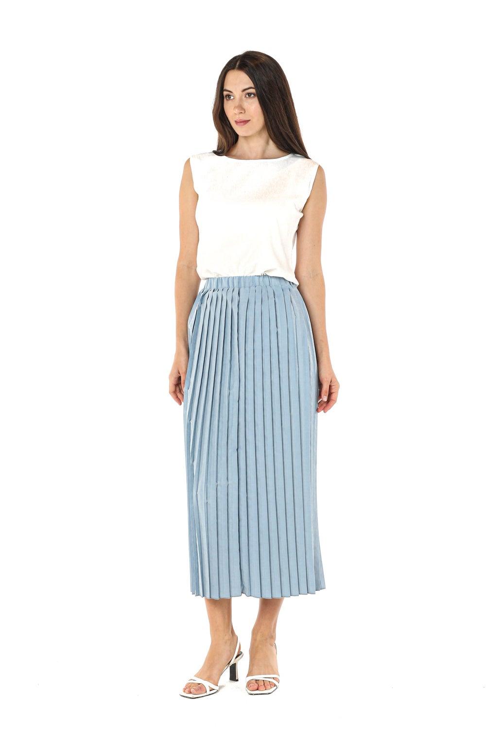 Blue Pleated High Waist Flared Midi Skirt - Image 1