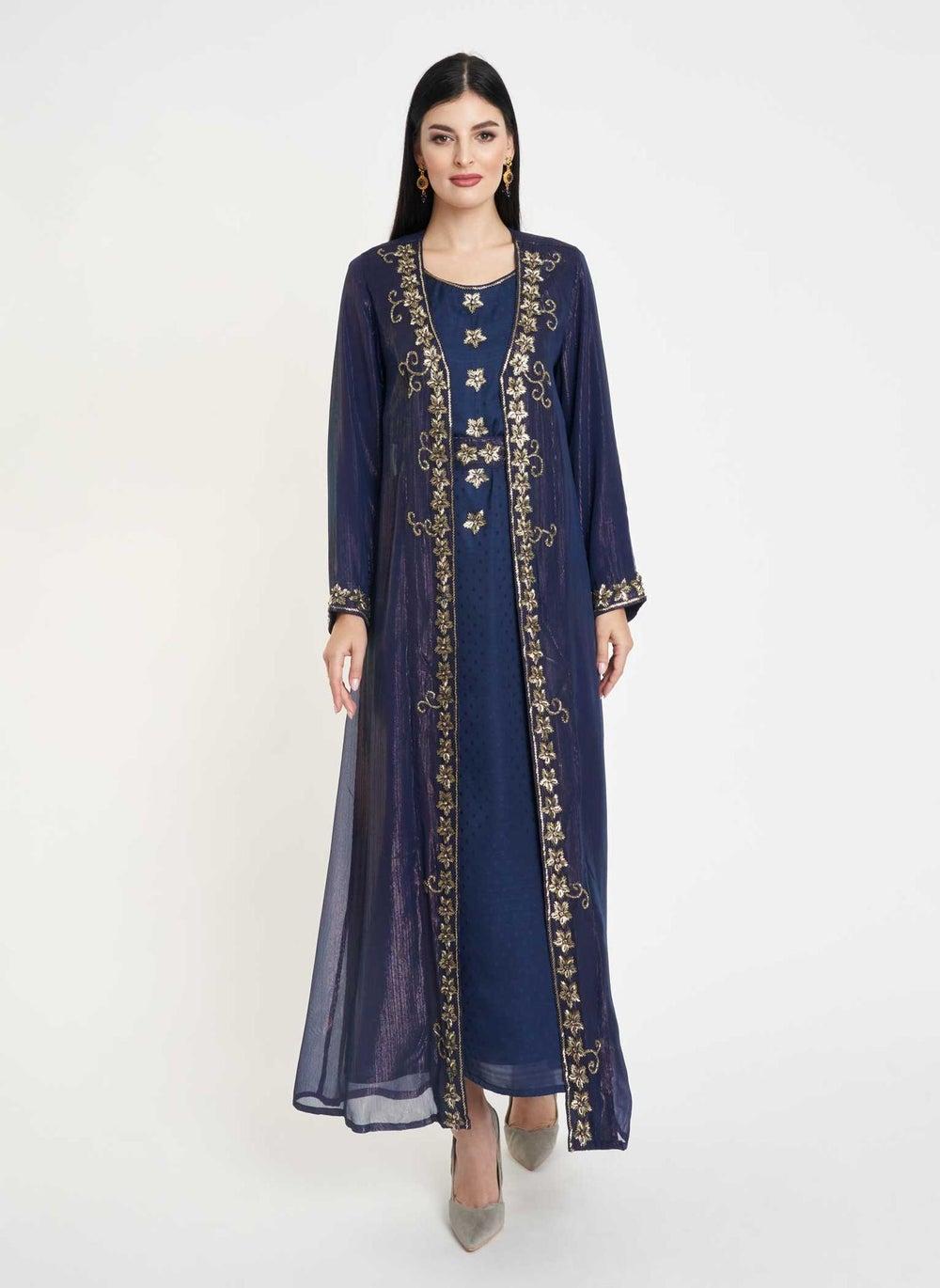 Navy Blue Jacket Jalabiya with Handwork Panels - Image 1