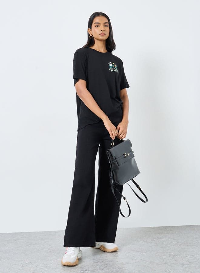 Black Slogan Print Oversized Cotton Blend T-Shirt - Image 1