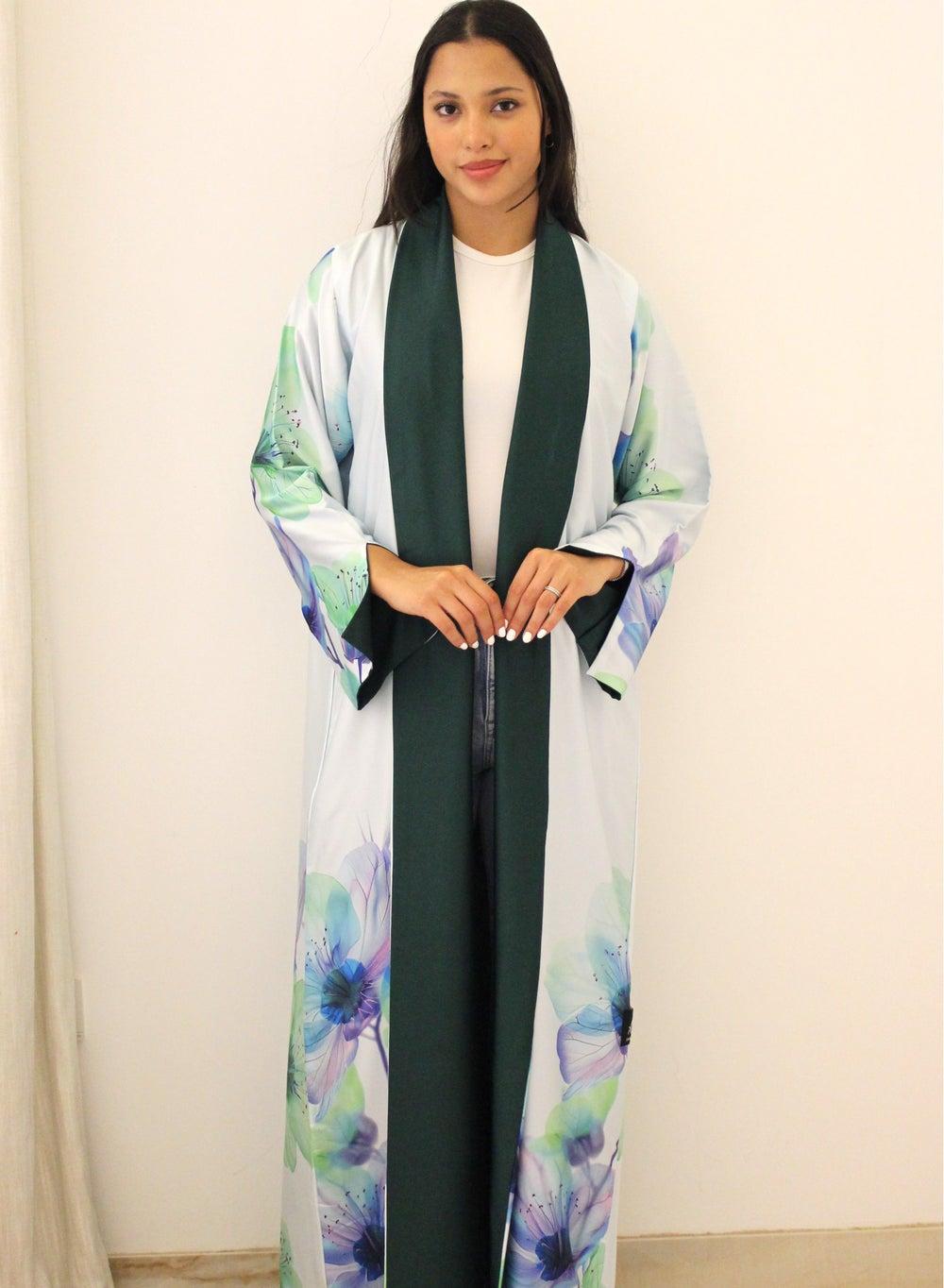 Reversible Armani Silk Abaya Floral & Classic White Green - Image 1