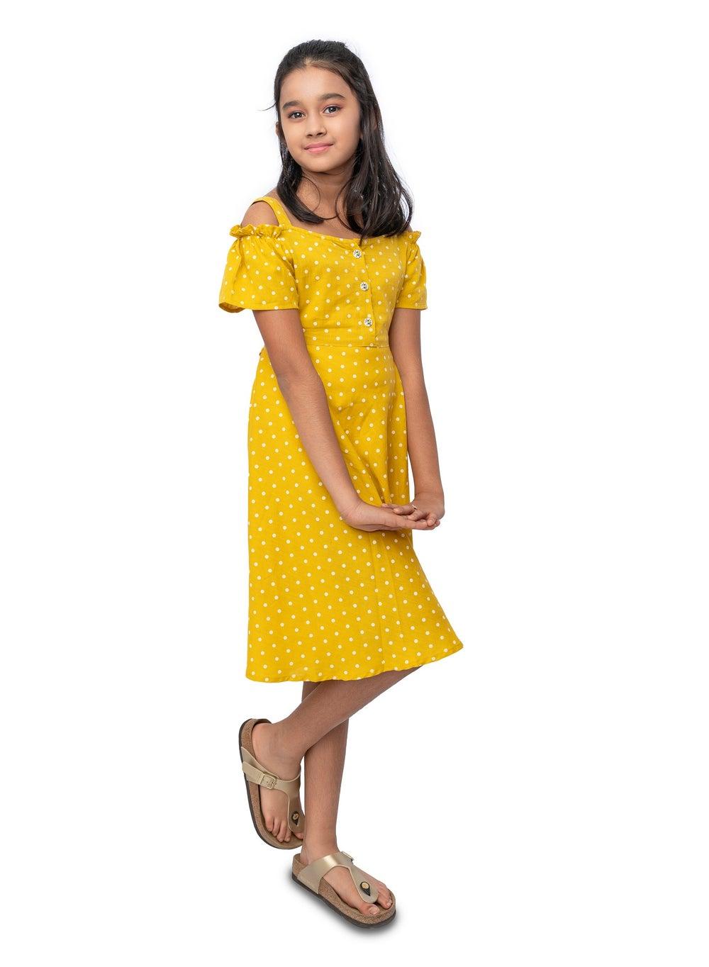 Yellow Polka Dot Off-Shoulder Midi Dress Petite Fit - Image 1