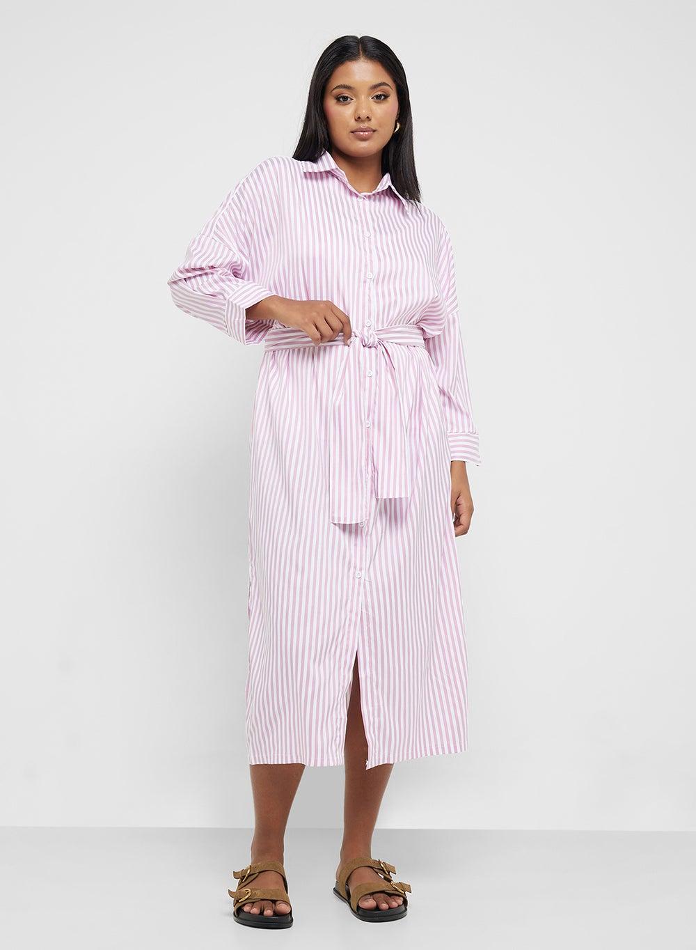 Striped Button-Down Midi Shirt Dress with Belt 250307 14 - Image 1